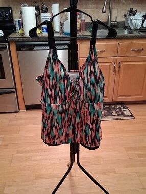 Ava & Viv Teal Pink and Black Abstract V-Neck One-Piece  Tankini